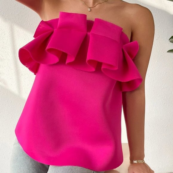 . Tops - Pink Boho Womens Ruffle Trim Zip Back Tube Top